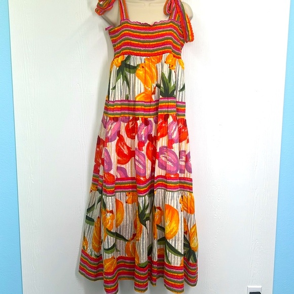 House Of Harlow 1960 - Tropical Fruit Colorful Stripes And Design Maxi Dress LG - Picture 3 of 12